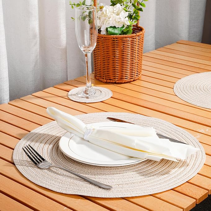 15'' Round Woven Placemats Set of 6, Natural Heat Resistant Washable Non-Slip Woven Table Mats-Beige