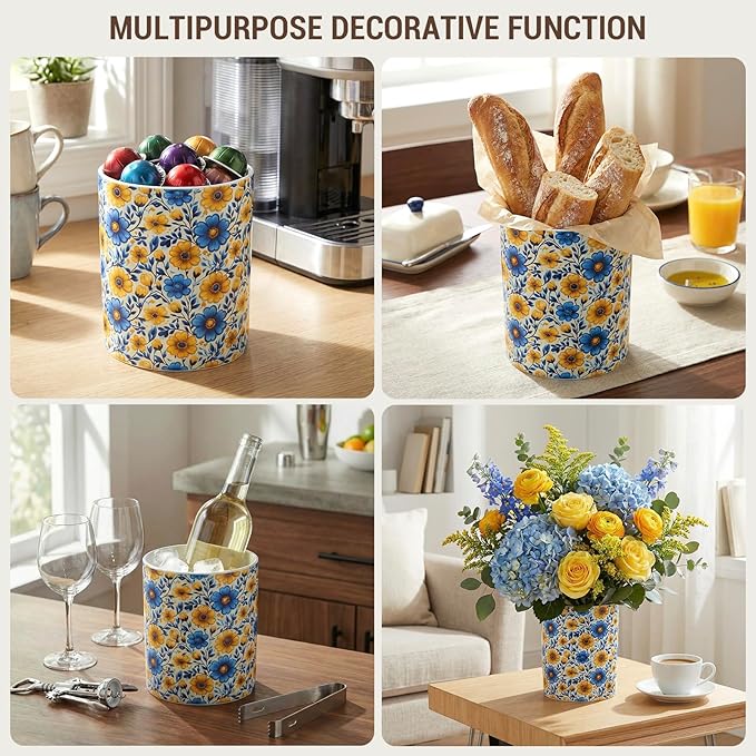 MyGift Vibrant Blue and Yellow Floral Ceramic Kitchen Utensil Holder – Decorative Crock for Cooking Utensils, Flatware, and Countertop Storage