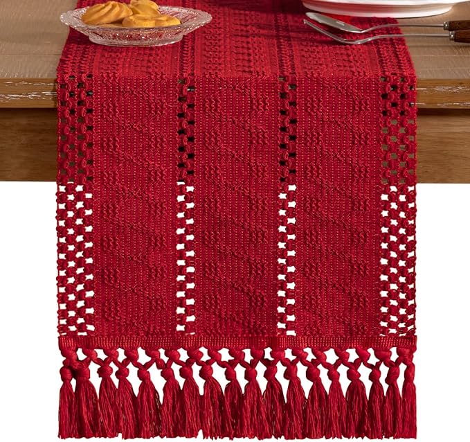 Socomi Boho Table Runner Summer Farmhouse Rustic Dining Kitchen Centerpiece Decor Small Macrame Woven Cotton Linen Coffee Table Runner for Dresser Scarf Home Decor 12x60 in Red