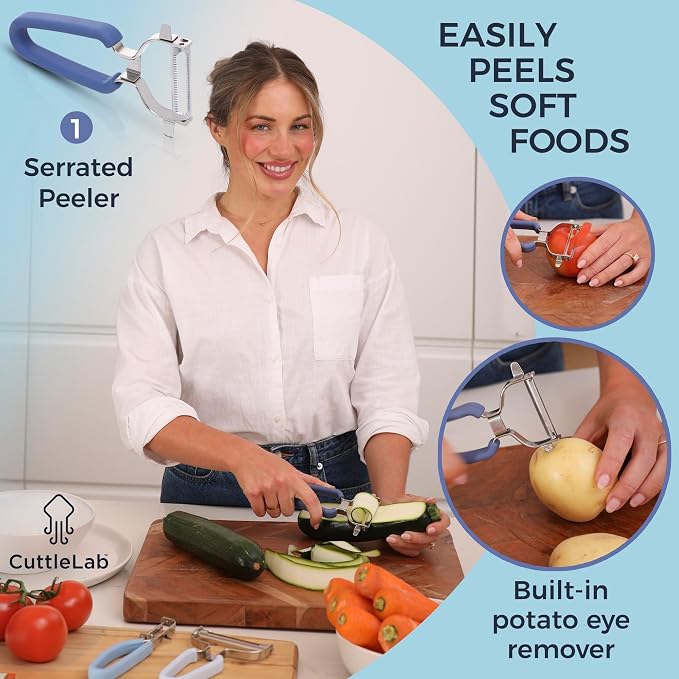CuttleLab Vegetable Peeler Set – Serrated, Straight & Wide Blades- great apple peeler & potato peelers, Carrots, Zucchini, Cucumbers – Soft Grip Handle- Eye Remover – Dishwasher Safe (3, Farmhouse)