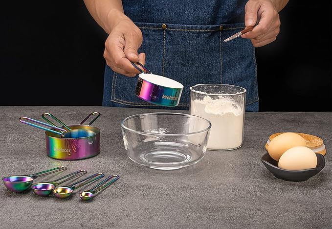 WELLSTAR Measuring Cups and Spoons Set of 8, Food Grade 18/8 Stainless Steel Measure set for Dry Liquid Measurement, Rainbow Titanium Coated Kitchen Gadgets for Cooking Baking, 4 Cup and 4 Spoon