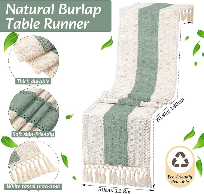 Boho Placemats 4/6/8 Set of Round Woven Placemat Macrame Style Bicolor Stitching Long Table Runner Farmhouse Rustic Natural Burlap Cotton for Kitchen Dining Table(6 Sets,Green,12x72)