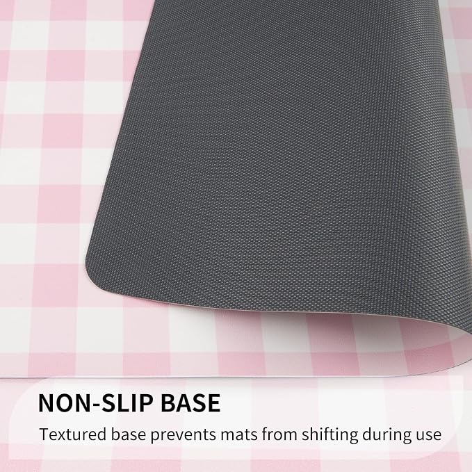 QiyI Placemats Set of 6, 12x18 Inch Faux Leather Place Mats for Kitchen Dinning, Heat Resistant Anti Slip Grid Table Mats, Waterproof Wipeable Washable Placemat Party Table Décor, Pink Gingham Check