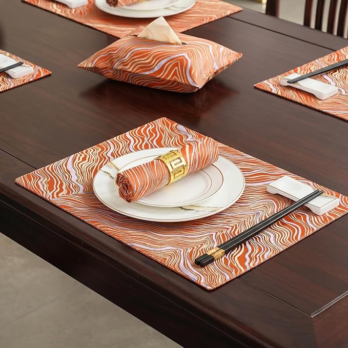 Orange Placemats Set of 6, 12x18 Inch Mountain-Inspired Jacquard Place Mats, Double Sided Reversible Non Slip, Irregular Woven Texutre Table Mats, Modern Dining Table Decor for Kitchen