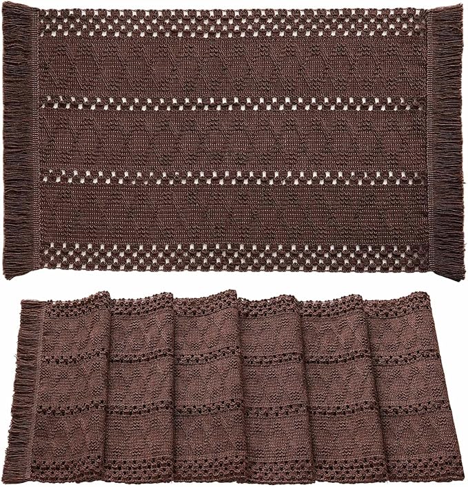 ZeeMart Macrame Style Boho Placemats Set of 6, Chocolate 12x20 Inch | Decorative Farmhouse Table Mats, Natural Cotton Woven Place Mats, Bohemian Home Decor for Kitchen Dining Table
