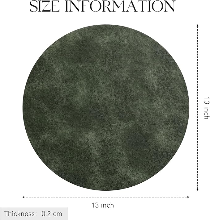 MOSAYT 13 Inch Round Vinyl Placemats Set of 8 - Faux Leather 100% Waterproof Oil-Proof Wipeable PU Place Mats, Heat Resistant Reversible Table Mats for Kitchen, Dining, Outdoor, Olive Green