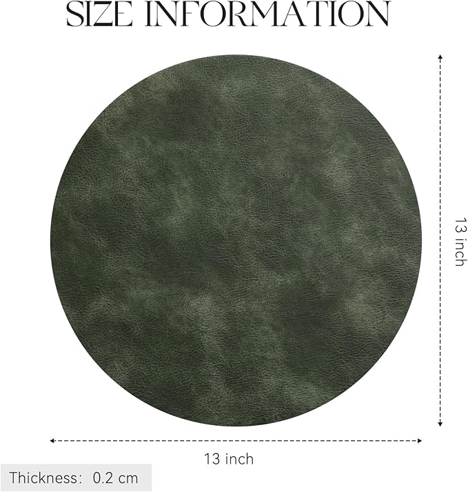 MOSAYT 13 Inch Round Vinyl Placemats Set of 4 - Faux Leather 100% Waterproof Oil-Proof Wipeable PU Place Mats, Heat Resistant Reversible Table Mats for Kitchen, Dining, Outdoor, Olive Green