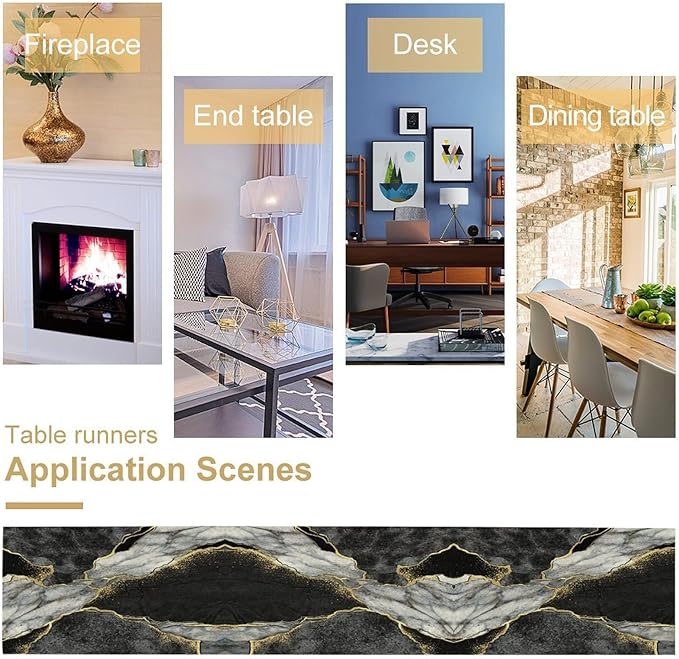 Marble Table Runner, Black Grey and Gold Abstract Modern Luxury Texture Printed Linen Table Runners for Home Farmhouse Kitchen Dining Room Party Holiday Decor 13" W x 36" L