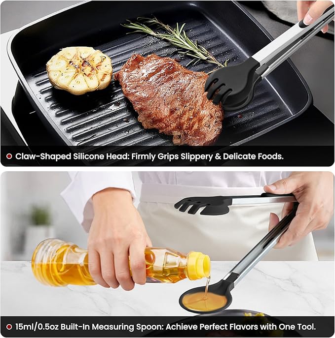 12 Inch Kitchen Tongs for Cooking, 600ºF Heat Resistant 2-in-1 Cooking Tongs with Silicone Tip & Measure Spoon Pasta Tongs Spaghetti Tongs for Tossing Salad, Serving Food, Non-Stick (12"-Round Head)