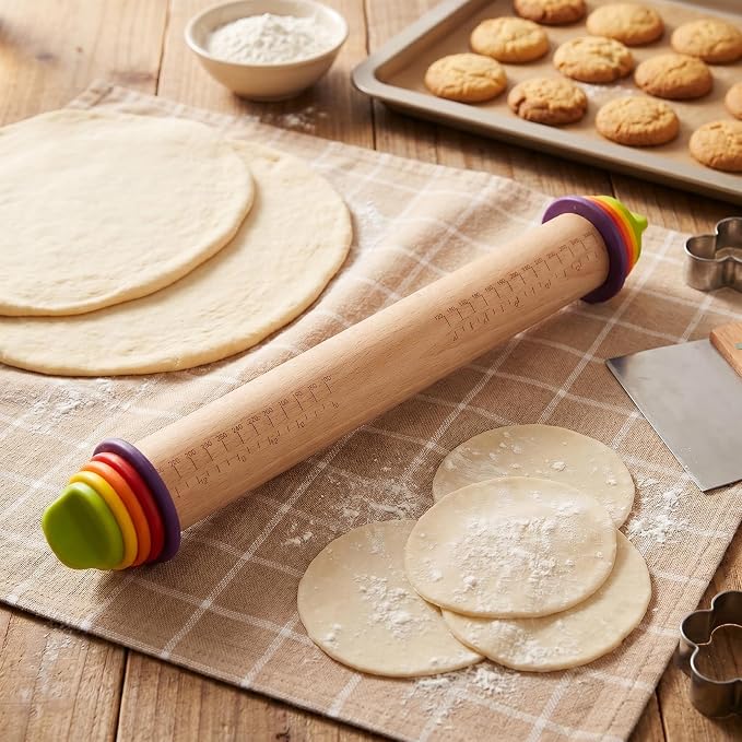 Adjustable Rolling Pin with Thickness Rings, 13.78" Dough Roller with 4 Multicolored Rings,Wooden Rolling Pins for Baking, Bread, Pizza Doughs, Pie Crusts-Home Baking Gift