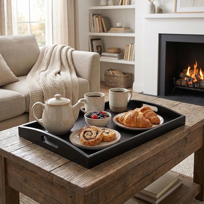 Bam & Boo Black Bamboo Serving Tray Extra Large with Handles for Food, Drinks, Storage, Decor, Vanity, Breakfast, Parties, Weddings, Picnics(23.6” x 15” x 2.35”, Black)