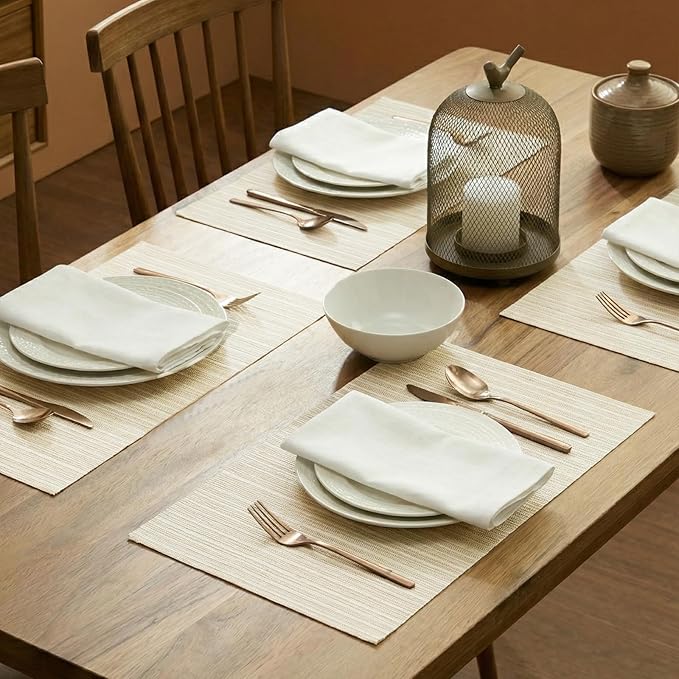 AHHFSMEI Placemats Set of 6 Woven Vinyl Non-Slip Heat Resistant Stain Resistant Easy Clean Place mats for Dining Table(Beige)