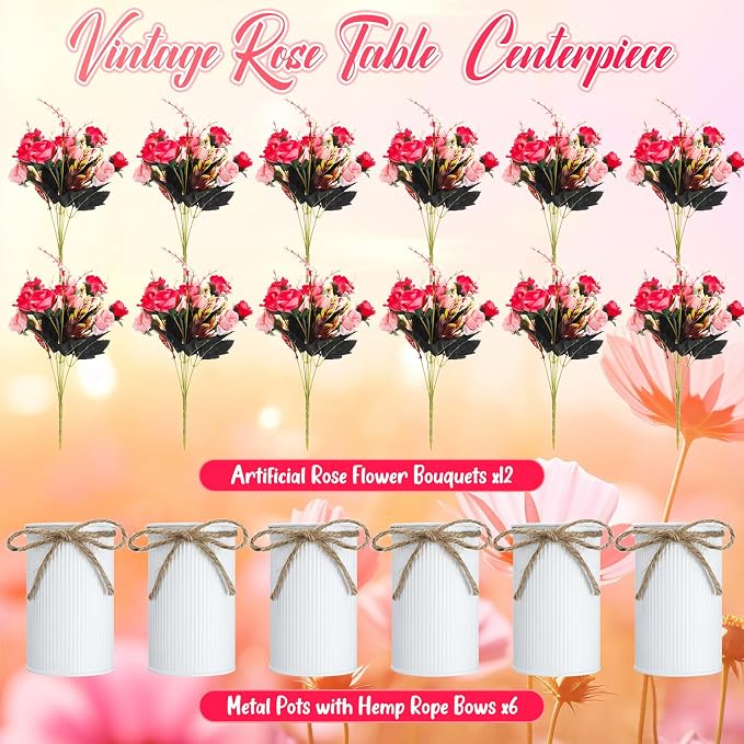 Domensi 6 Sets Wedding Centerpiece for Table Artificial Rose with Vase Fake Bouquets and Metal Pot Flower Arrangements for Bridal Shower Birthday Party Event Table Decor (Rose Red)