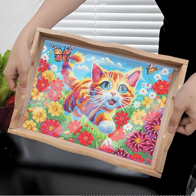 Generic 2Pcs DIY Diamond Serving Tray Rectangular Upgrade Increase Breakfast Tray with Handles Handmade Diamond Art Painting Wooden Tray Dinner Plate for Coffee Living Room Home Organizer-02