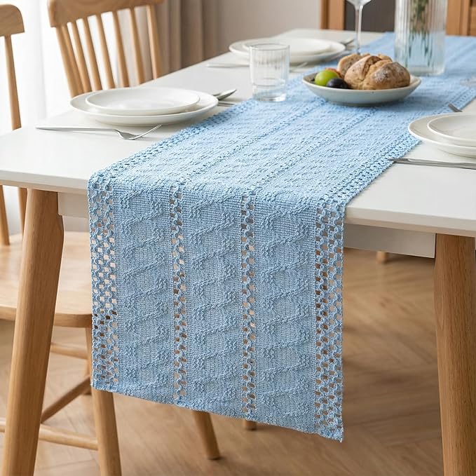 Artoid Mode Sky Blue Farmhouse Woven Rustic Hollow Table Runner, Seasonal Holiday Hollow Kitchen Dining Table Decoration for Home Party Decor 12x72 Inch