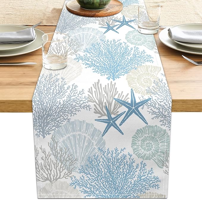 Linen Coastal Table Runner 13x71 Inch Blue Teal Summer Beach Nautical Table Runners Modern Kitchen Dining Table Decorations Rustic Coffee Table Dresser for Home Holiday Party Decor (Blue71)