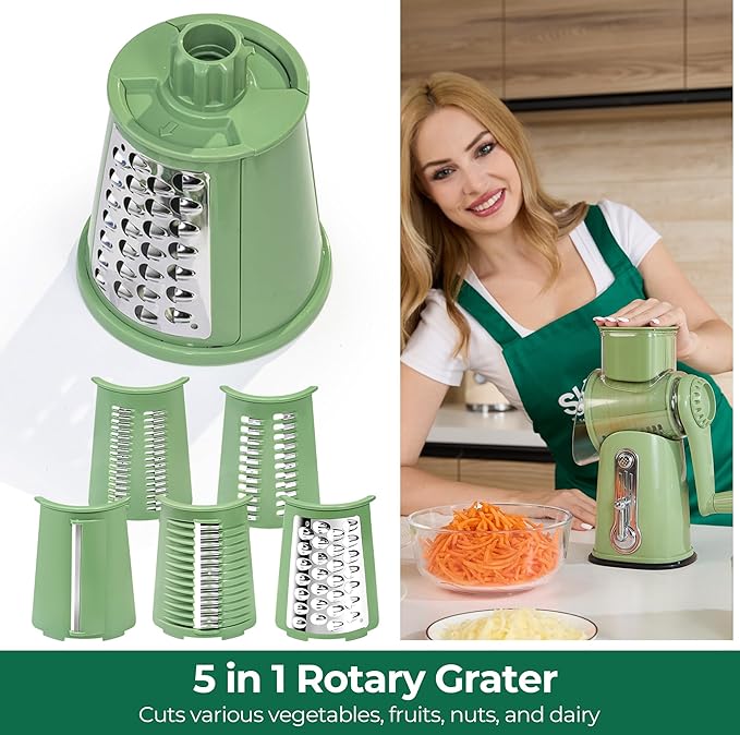 SUSTEAS Rotary Cheese Grater with Handle - Vegetable Shredder with 5 Well-designed Blades & Strong Suction Base,Round Mandoline Slicer & Food Chopper for Kitchen,with Blade Storage Box(Retro Green)