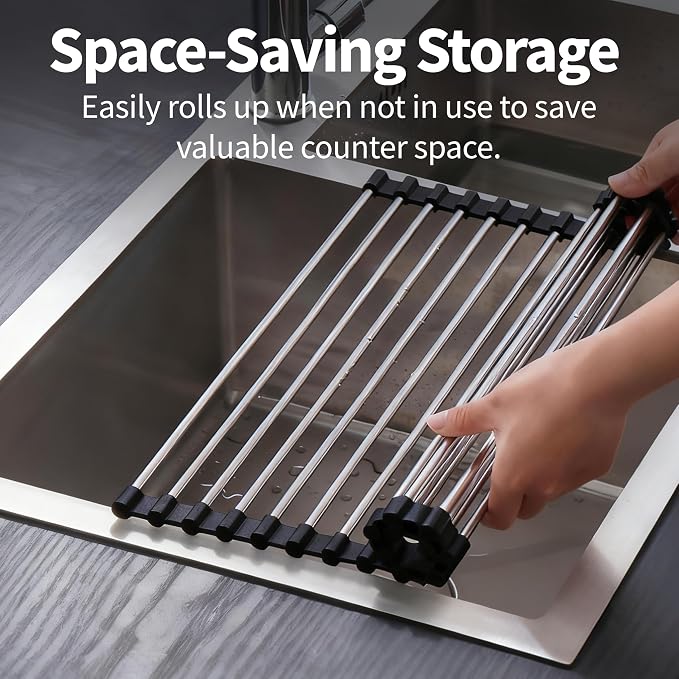 Roll Up Dish Drying Rack for Over Sink -17.5"x11.8" Foldable Stainless Steel Kitchen Drainer, Black