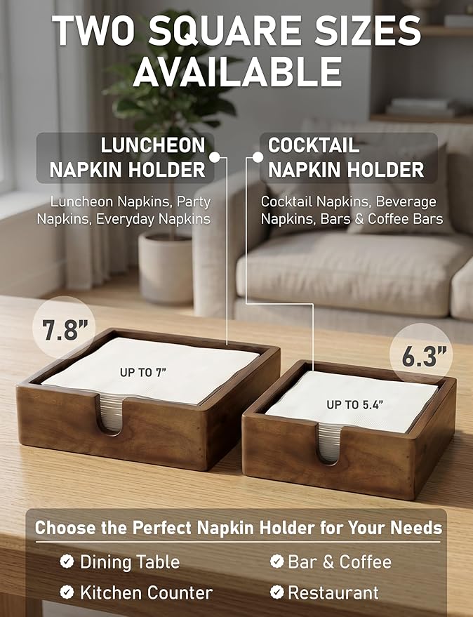 Acacia Cocktail Paper Napkin Holder Square 5.4x5.4 inches, Wood Flat Napkin Tray, Cocktail Napkin Caddy For Kitchen Décor, Restaurant Countertop Bar Accessories