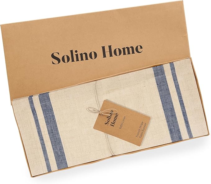 Solino Home Linen Striped Table Runner 144 Inches Long - French Stripe 100% Pure Linen Navy and Natural Dining Table Runner 14 x 144 Inch - Handcrafted and Machine Washable