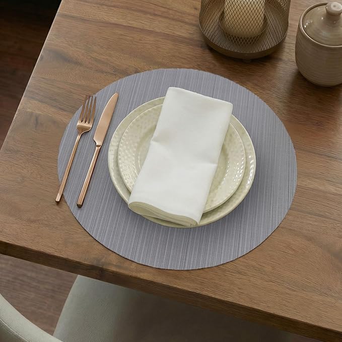 AHHFSMEI Round Placemats Set of 6 Woven Vinyl Non-Slip Heat Resistant Stain Resistant Easy Clean Place mats for Dining Table(Grey)