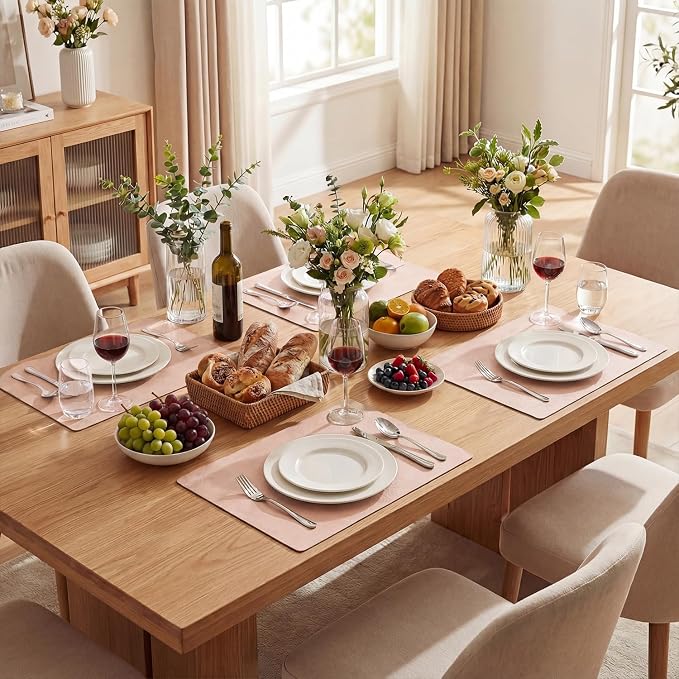 Artoid Mode Pink Faux Leather Placemats Set of 4, 12x18 Inch Waterproof Wipeable Heat Resistant Vinyl Place Mats, Reversible Table Mats for Spring Kitchen Dining Decor
