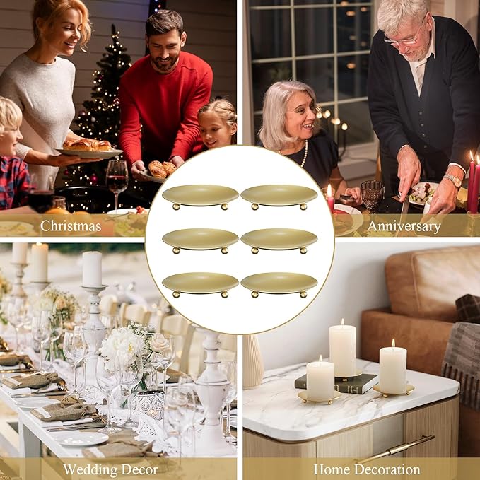 Gold Candle Holders for Pillar Candles, Set of 6 Premium Metal Candle Plates Candle Stand for LED or Wax Candles, Decorative Pillar Candle Holder Dish for Table Centerpiece