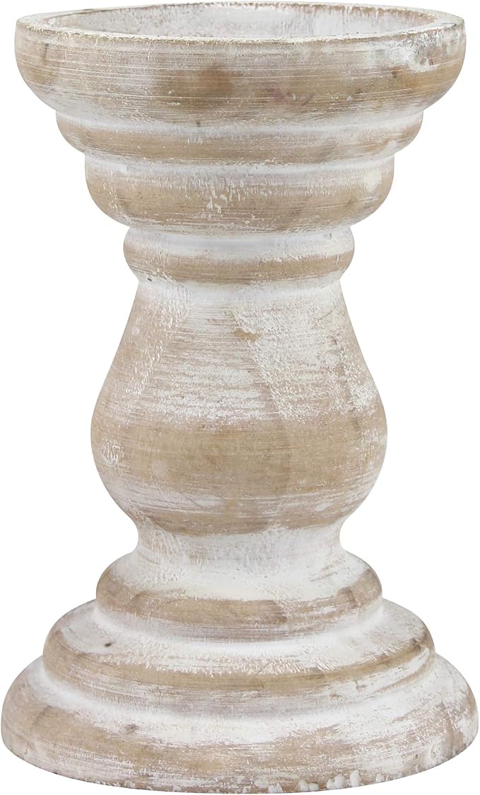 Stonebriar Antique White Wooden Pillar Candle Holder, Vintage Seaside Pillar Stand for Dining Table Centerpiece, Coffee Table, Mantel, Or Any Table Top, Medium