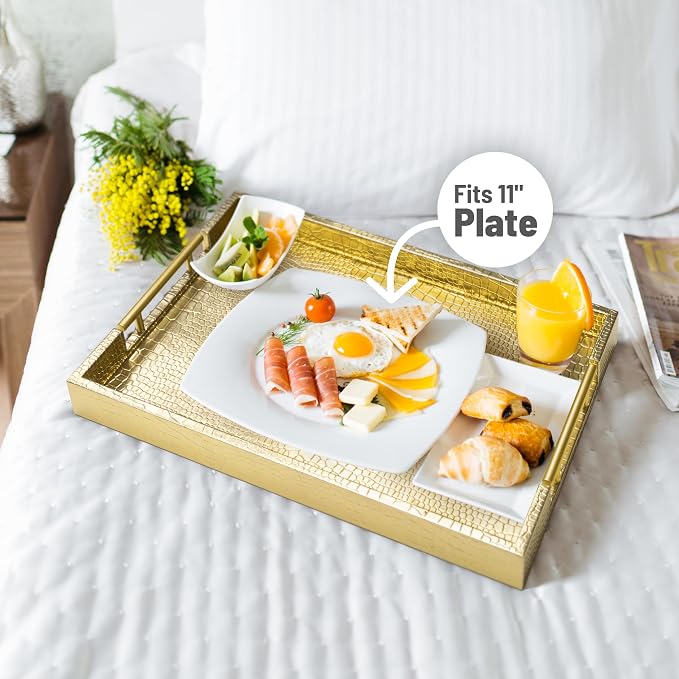ATZYmolin 17" x 12" Wood Serving Tray with Gold Polished Metal Handles, Home Decorative Wooden Rectangle Ottoman Leather Decor Platter Bathroom Vanity Tray for All Occasions Alligator Gold