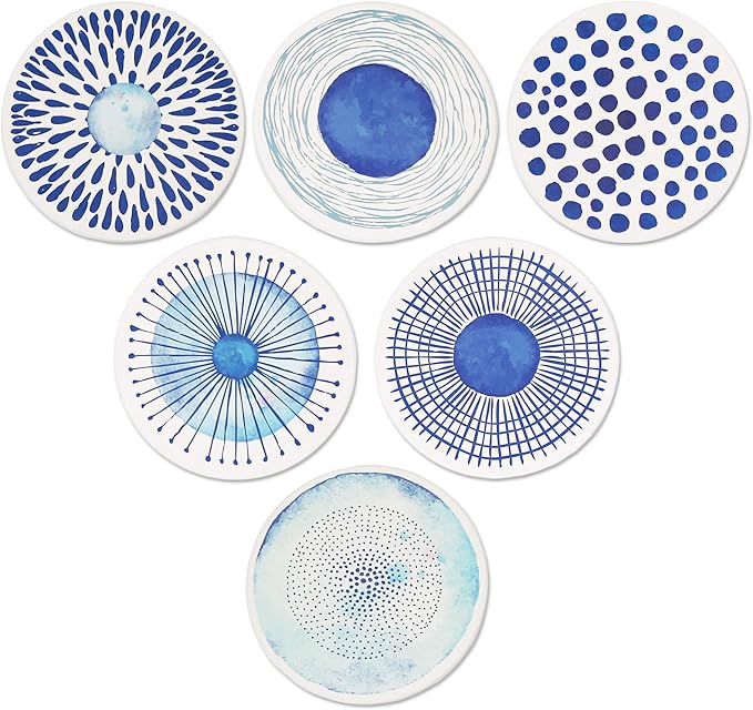 AD Set of 6 Coasters for Drinks Absorbing Round Ceramic Stone Coaster with Cork Base,Tabletop Protection Mat for Mugs and Cups,Office,Kitchen (Blue Watercolor with Holder)