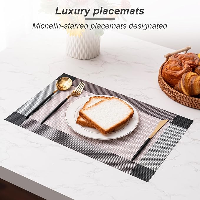 CADONO Placemats Set of 4 Washable Indoor/Outdoor Vinyl Place Mats for Dining Table Durable Non-Slip Heat Resistant PVC Weave Table Mats（Rhombus-Pink）