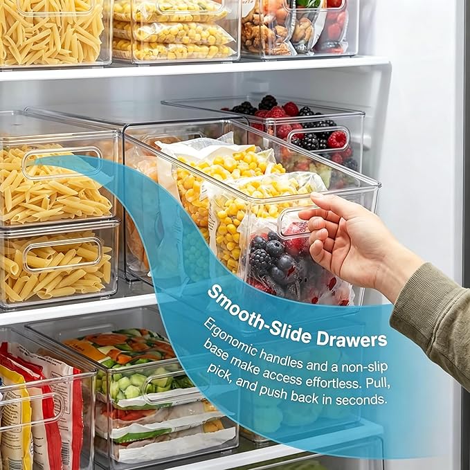 4 Pack Crystal Clear Freezer Storage Bins, Mixed Size Clear Bins for Organizing, Stackable Plastic Storage Bins with Handles, Kitchen Organizer for Refrigerator, Pantry, Cabinet (4s)