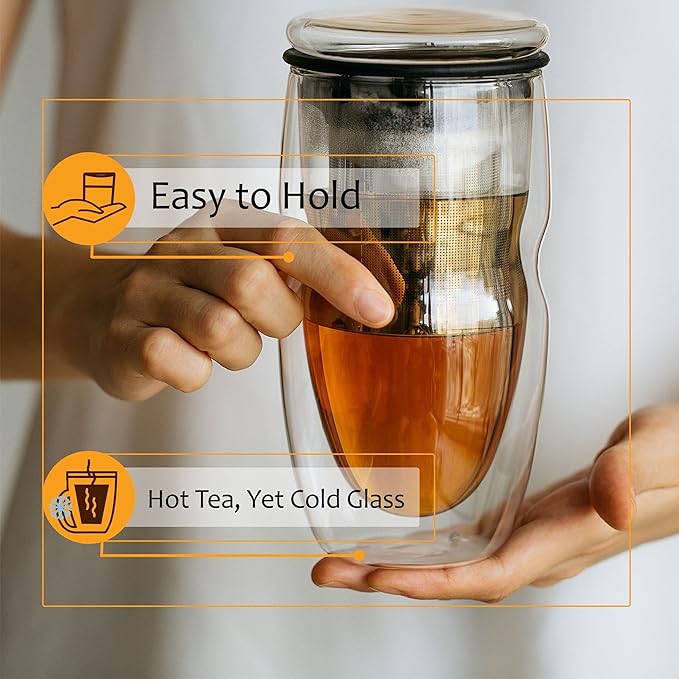 BTaT- Double Wall Glass Tea Cup With Stainless Steel Infuser and Lid, 16 oz, Borosilicate Glass Tea Mug Infuser, Gifts for Tea Lovers