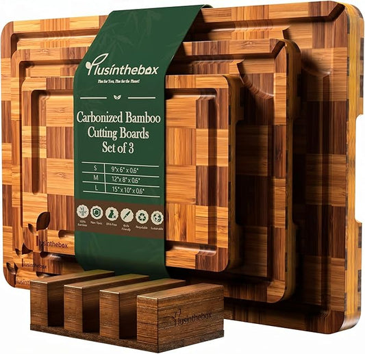 Bamboo Cutting Board Set of 3 with Stand, Checkered End Grain Cutting Boards for Kitchen with Deep Juice Grooves for Meat, Cheese, Charcuterie and Kitchen Prep