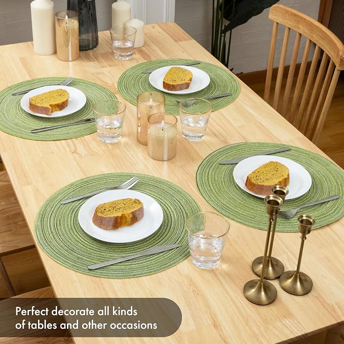 Winknowl Round Braided Placemats Set of 4 Washable Woven Heat Resistant Table Mats for Kitchen Dining Tables 15 inch Round Place Mats (Pea Green,4)
