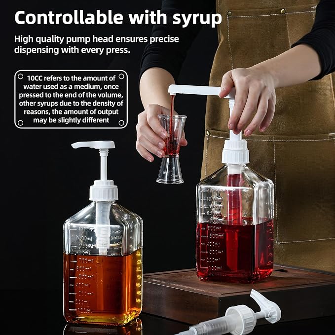 Large Capacity Syrup Dispenser for Coffee Bar, Pump Dispenser 37oz 1100ml Glass Syrup Bottle w Measuring Cup and Funnel, Dispenser Bottle w Upgraded Pump