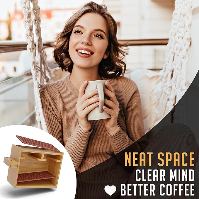 HEXNUB - AeroPress Organizer Stand, Bamboo Coffee Caddy Station for AeroPress Coffee Maker Accessories, Filter Holder, Mug Storage Rack, Silicone Drip Mats - Brown Mats