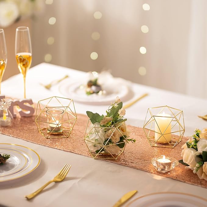 Geometric Tealight Candle Holders Gold - Votive Candle Stand Accents for Tea Light Decorative for Home Table Shelf Mantel Modern Geo Decoration Christmas Wedding Reception Décor, Gold, 6pcs