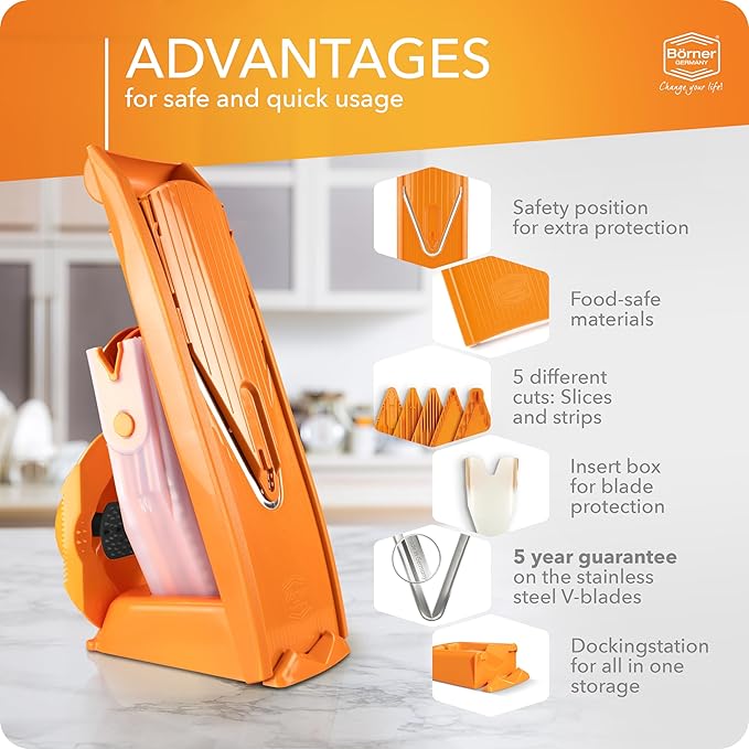 Börner Mandoline Slicer V1 (Professional Set) • V-Slicer with 4 Inserts, Fruit Holder, Docking Station, Box • Adjustable Vegetable Slicer • Cuts into Slices, Strips & Dices • Color: Orange