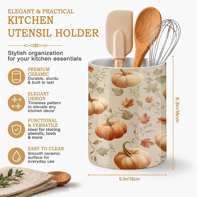 Pumpkins Kitchen Utensil Holder,Autumn Maple Leaves Large Ceramic Utensil Crock Organizer for Spatulas,Spoons and Cooking Tools,Kitchen,Home Decoration 6.3"