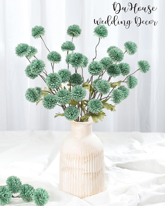 DuHouse 6pcs Artificial Flowers Faux Silk Pompon Mum,Silk Small Mini Chrysanthemum Ball with Stems for DIY Bouquets Centerpieces Vase Home Table Kitchen Decorations(Sage Green)