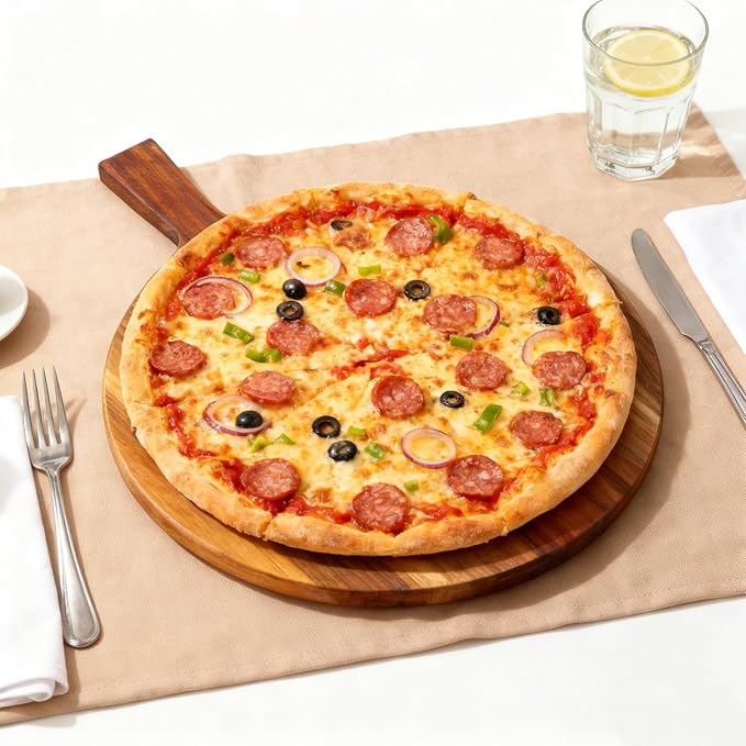 S310 Acacia Wood Round Cutting Board with Handle, Wooden Chopping Board for Meat, Cheese, Bread & Vegetables, Decorative Charcuterie Serving Board for Kitchen Cooking, Pizza & Party Dining, 17"x13"