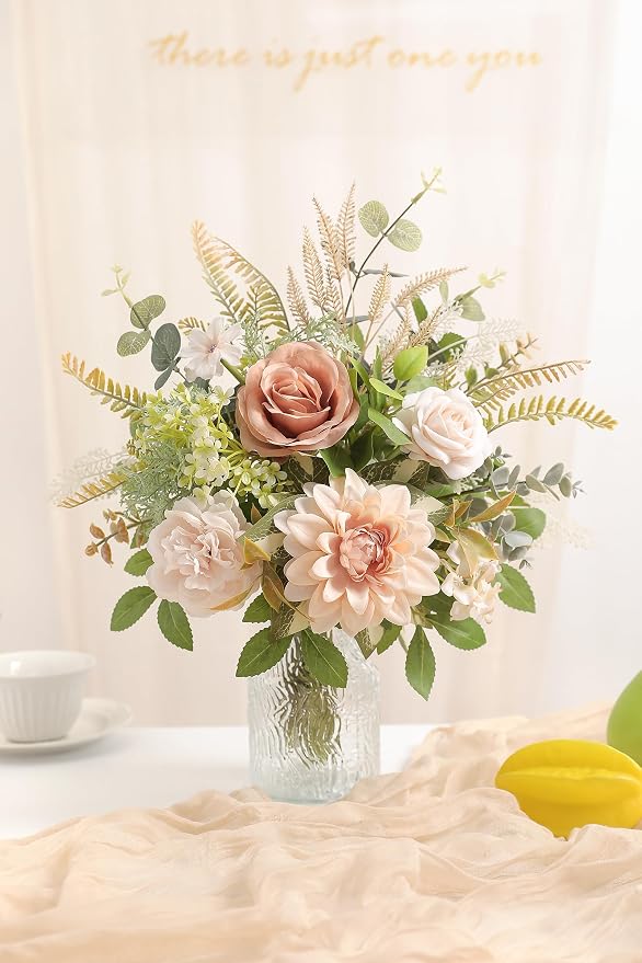 Serra Flora Faux Flowers with Vase,Artificial Silk Roses in Vase,Table Centerpieces for Dining Room, Silk Flower Arrangements for Home, Living Room Bathroom Plant Decor, Centerpiece Table Decorations