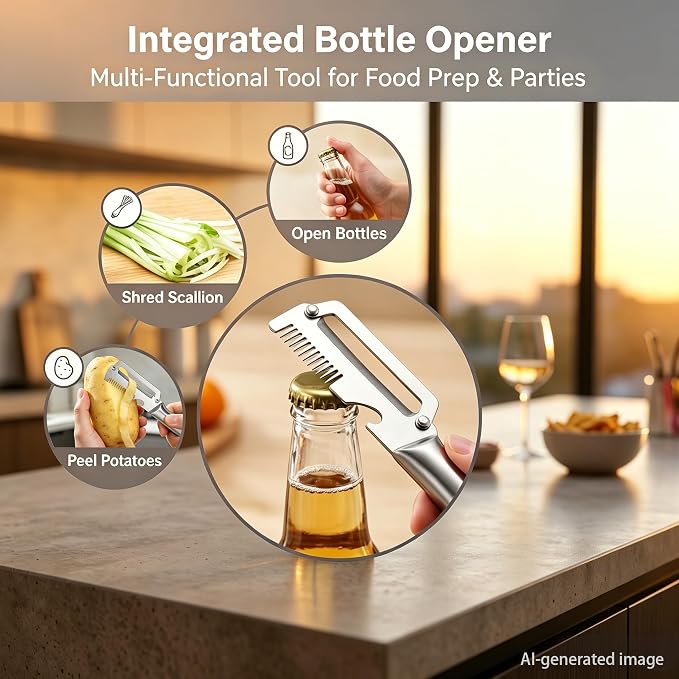 Aysoner Kitchen Multifunctional Vegetable Peeler: 3-in-1 Fast Food Prepare | 2pcs Peels in Seconds with Shredder Bottle Opener - Full Stainless Steel Dishwasher Safe - Comfy Non-slip Grip for Home Chef