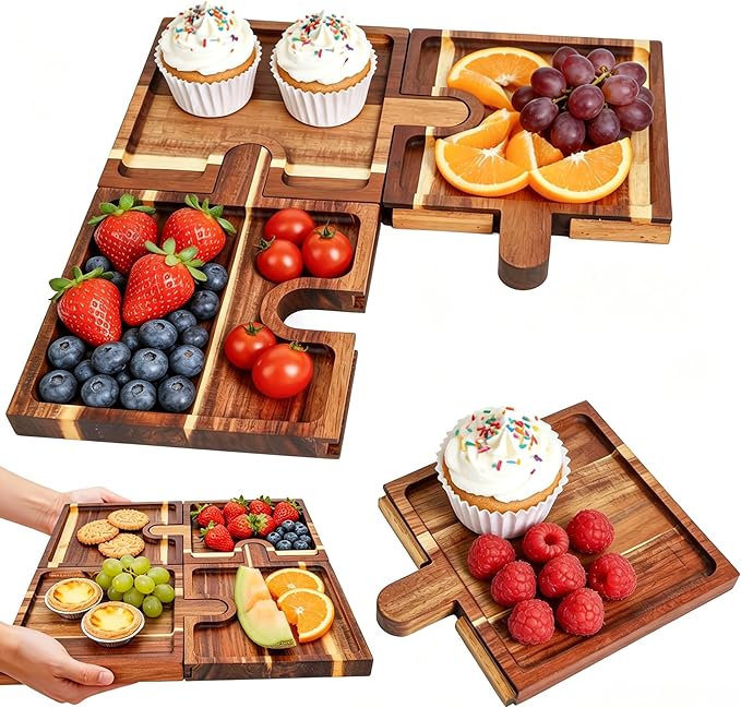 Wooden Charcuterie Boards Set of 4, Puzzle Serving Trays with Stand | Made from acacia wood,4-piece puzzle design,portable,18 inch ideal for charcuterie,snacks,appetizers,parties and gatherings