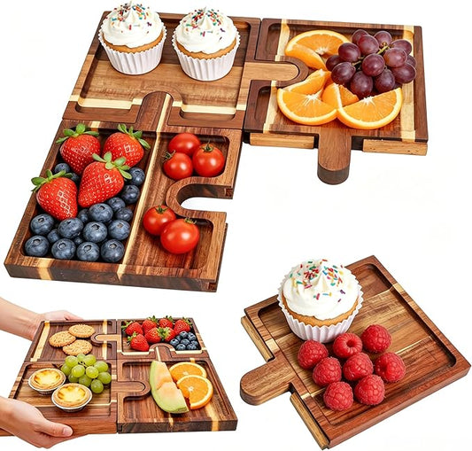 Wooden Charcuterie Boards Set of 4, Puzzle Serving Trays with Stand | Made from acacia wood,4-piece puzzle design,portable,18 inch ideal for charcuterie,snacks,appetizers,parties and gatherings
