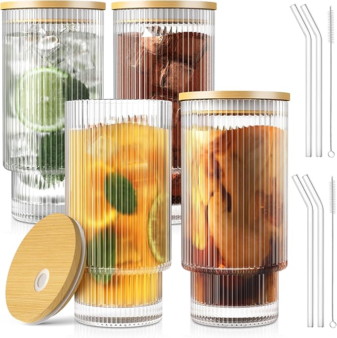 CWHHRN 16OZ Ribbed Glass Cups with Lids and Straws 4 Set, Vintage Glassware for Whiskey Cocktail Beer, Iced Coffee Cups with Lid, Glass Tumbler with Straw and Lid (4 PACK)