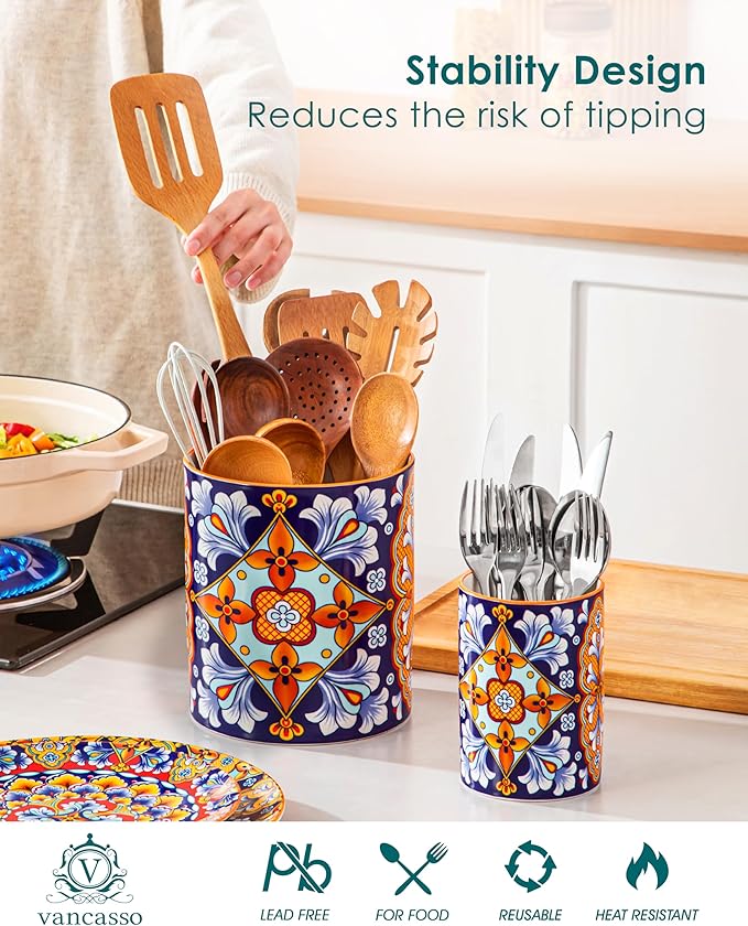 vancasso SIMI Utensil Holder, 7.3"+5.5" Porcelain Kitchen Utensil Holder for Countertop, Bohemian Kitchen Utensil Organizer for Spatulas, Spoons, Decorative Counter Utensil Crock, Amber Elegance