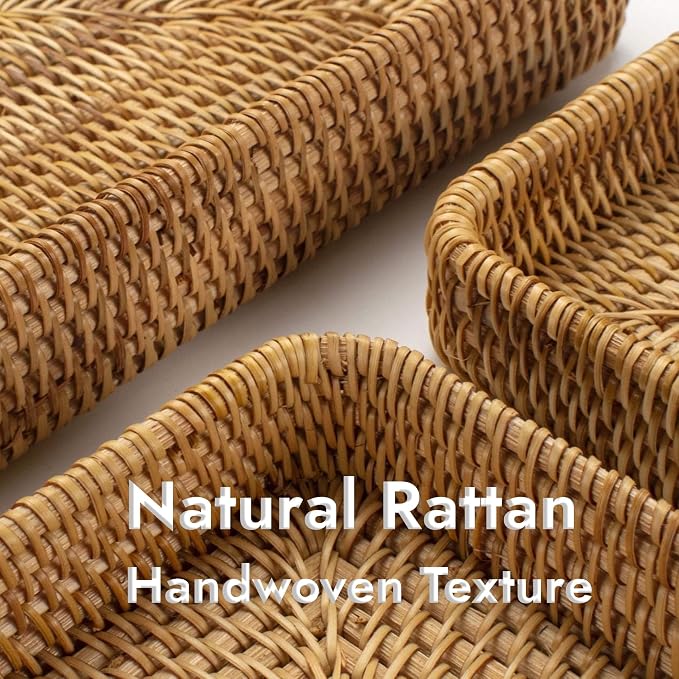 Rattan Serving Tray Set of 3, Rectangular Woven Tray, Natural Wicker Decorative Serving Tray, CoffeeTabletop Vanity Organizer, Bathroom Kitchen Counter, (S 4.3 x 8.3), (M 8.3 x 8.3), (L14.6 × 9.1)
