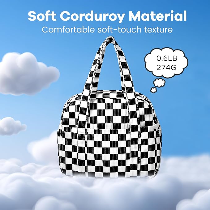 Yarnic Corduroy Lunch Bag Women Insulated, Large Lunch Box for Work with Bottle Pockets, Stylish Reusable Cooler Tote for Adults Teachers Picnic (black White Checkered)